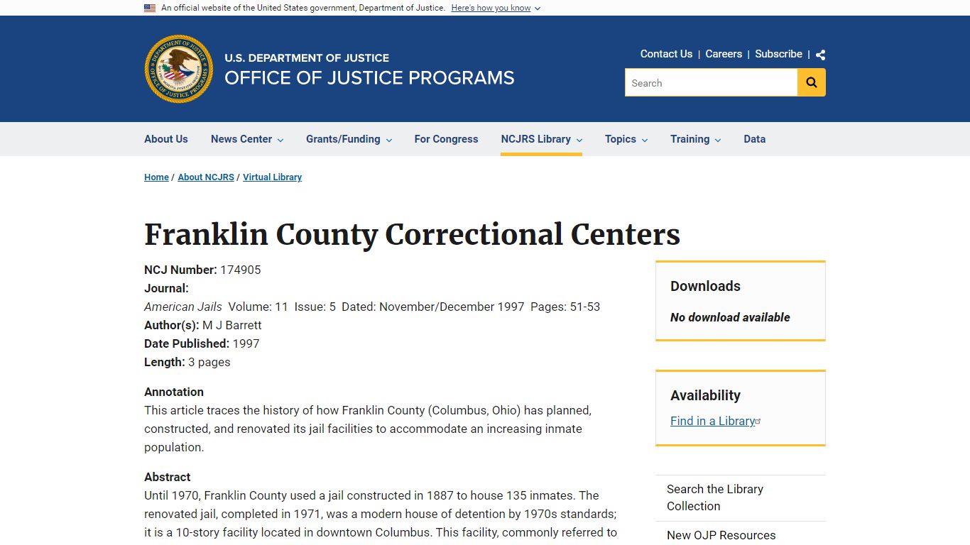 Franklin County Correctional Centers | Office of Justice Programs